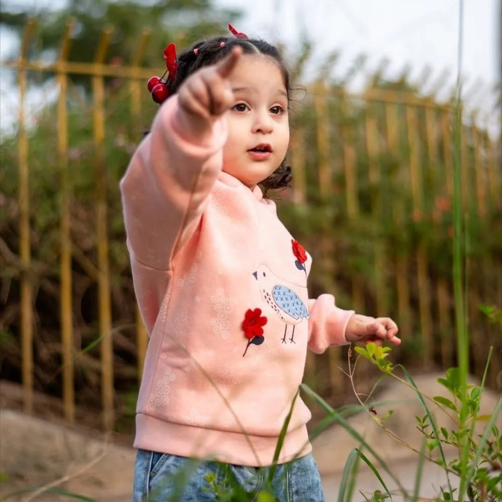 Pink hoddie embroidered bird