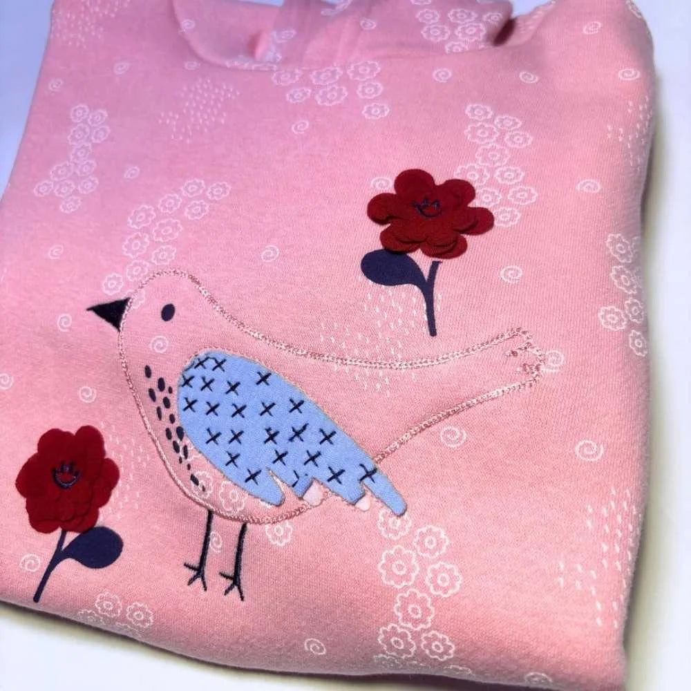 Pink hoddie embroidered bird